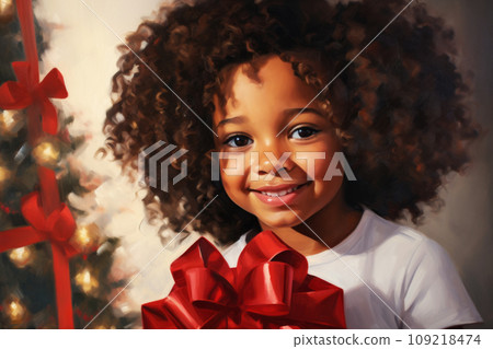 Portrait of young happy smiling African girl with curly hair holding Christmas gift box wrapped with red ribbon. Generative AI 109218474