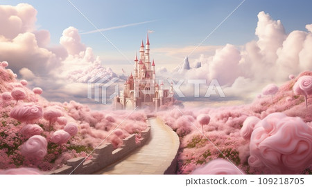 A fabulous pink castle with a path of lush flowers and cotton candy clouds 109218705