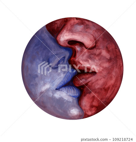 Watercolor moon and crescents with the outlines of a tender romantic kiss on the half-open lips of two lovers of different colors. Hand drawn illustration for valentine's day, wedding, engagement day Watercolor moon and crescents with the outlines of a tender romantic kiss on the half-open lips of two lovers of different colors. Hand drawn illustration for valentine's day, wedding, engagement day 109218724
