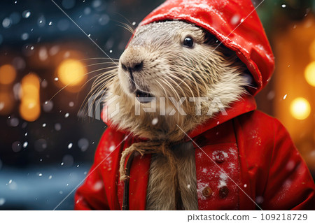 Capybara dressed as Santa Claus walks through a snowy city Capybara dressed as Santa Claus walks through a snowy city 109218729