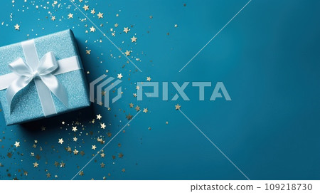 Christmas decorations on blue background, top view with space for text Christmas decorations on blue background, top view with space for text 109218730