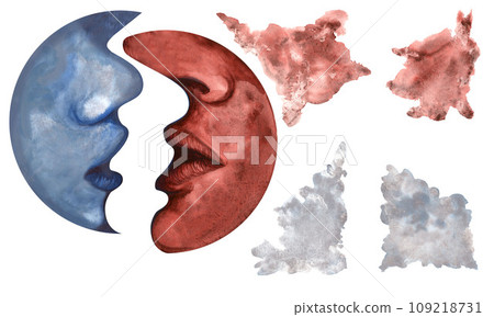 Watercolor moon and crescents with the outlines of a tender romantic kiss on the half-open lips of two lovers of different colors. Hand drawn illustration for valentine's day, wedding, engagement day 109218731
