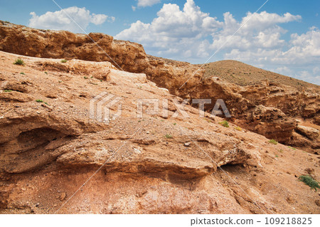 Bizarre forms in the arid terrain of the Charyn Canyon in the steppes of Central Asia 109218825