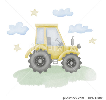 Tractor Watercolor illustration. Hand drawn clipart of baby toy on isolated background. Truck drawing for prints on a boys t-shirt. Agrimotor car sketch for wall art stickers and greeting cards. 109218885