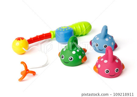 Children's set of funny colorful fish and a fishing rod, for the development of motor skills in children 109218911