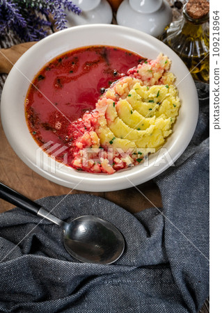 Red borscht soup in bowl. Red borscht soup in bowl. 109218964