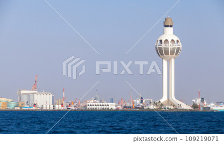 Jeddah Islamic Seaport seaside view with white traffic control tower 109219071