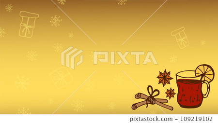 Happy new year golden banner. Vector Cup with hot drink, cinnamon sticks, vanilla doodle style. 109219102