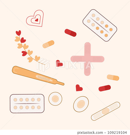 Medicine elements vector set. Illustration first aid box, pills, plaster, thermometer, heart. Medicine elements vector set. Illustration first aid box, pills, plaster, thermometer, heart. 109219104