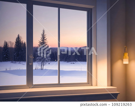Winter landscape with window. Snow covered window. Generative AI 109219263
