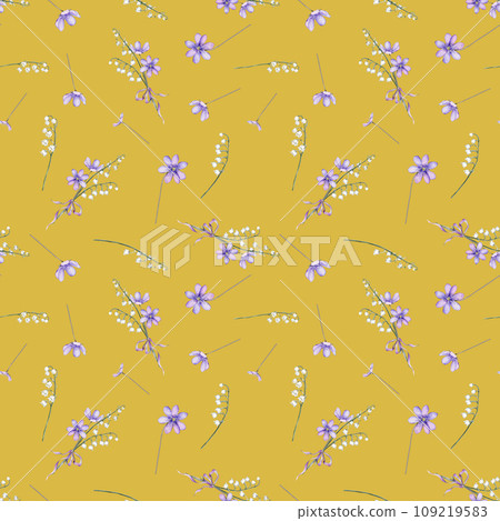 Seamless pattern watercolor spring flowers. Coppice, hepatica - first spring flowers. Spring lily of the valley Illustration of delicate lilac flowers. Hand drawn texture with white and violet flowers 109219583