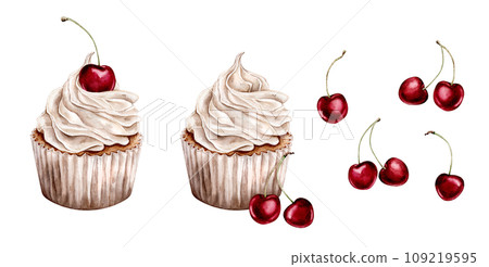Watercolor sweets cupcake with cherry. Realistic element of design holidays or wedding pastel colors. Watercolor hand drawing illustration on isolated white background for birthday or Valentines day 109219595