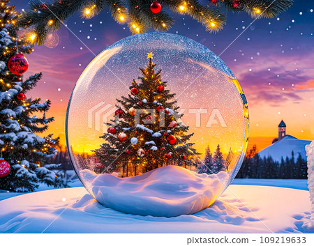 Christmas ball, Christmas tree with Christmas tree toys. Winter landscape with snow. New Year and Christmas concept. Generative AI Christmas ball, Christmas tree with Christmas tree toys. Winter landscape with snow. New Year and Christmas concept. Generative AI 109219633