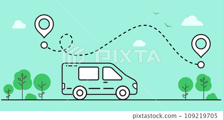 Bus and map icon. Delivery way. Blue and white. through forest 109219705
