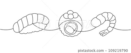 Sushi rolls. Japanese cuisine, traditional food one line drawing. Sake nigiri sushi, futomaki, philadelphia roll, fresh shrimp one line illustration. 109219790