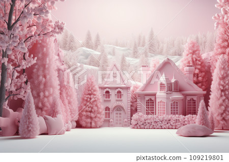 Christmas background with houses, fir trees in pink colors Christmas background with houses, fir trees in pink colors 109219801
