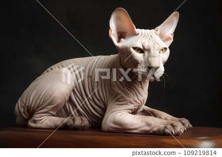Portrait of a cute cat looking away. Don Sphynx breed cat 109219814