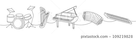 Classical musical instruments. Drum kit, lyre, wooden harp, grand piano, accordion, synthesizer piano continuous one line illustration. 109219828