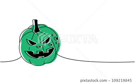 Halloween pumpkin with scary face one line colored continuous drawing. Halloween pumpkin, autumn vegetable continuous one line illustration. 109219845