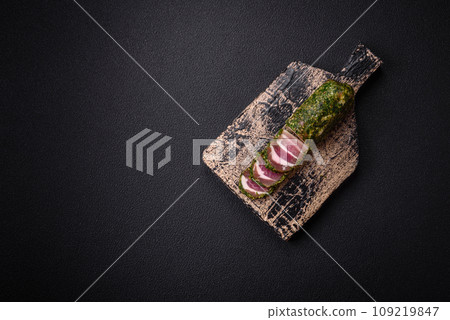 Delicious fresh bacon stripes with spices and salt 109219847