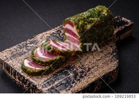 Delicious fresh bacon stripes with spices and salt 109219853