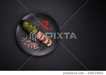 Delicious fresh bacon stripes with spices and salt Delicious fresh bacon stripes with spices and salt 109219881