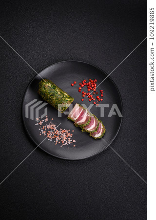 Delicious fresh bacon stripes with spices and salt 109219885