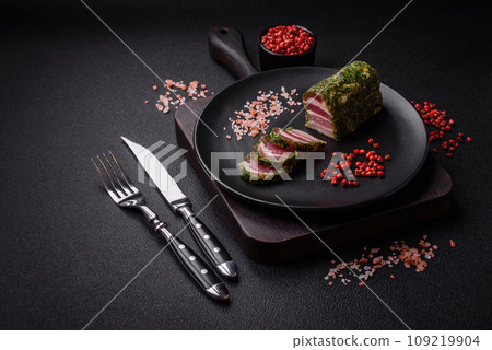 Delicious fresh bacon stripes with spices and salt Delicious fresh bacon stripes with spices and salt 109219904