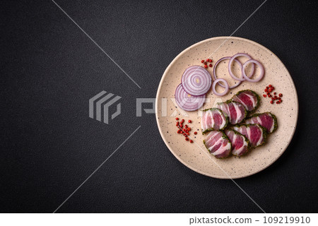 Delicious fresh bacon stripes with spices and salt Delicious fresh bacon stripes with spices and salt 109219910