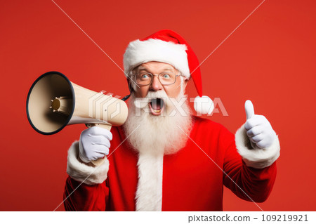 Santa Claus with megaphone on red background. 109219921
