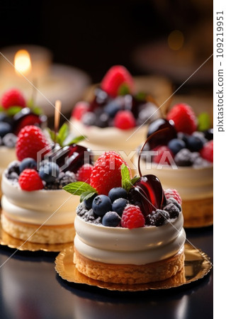 a photo of delectable petit cakes adorned with romantic decorations a photo of delectable petit cakes adorned with romantic decorations 109219951