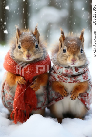 Picture a serene snowy morning where cute squirrels, donning tiny scarves, stand on pristine snow. 109219956