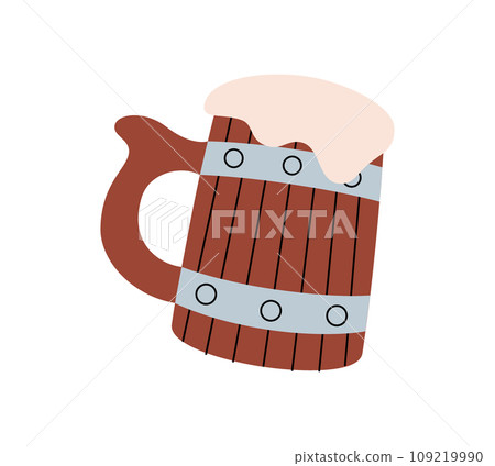 Beer wooden mug. Beer pub product. Brewing process, brewery factory production element. Vector illustration. Beer wooden mug. Beer pub product. Brewing process, brewery factory production element. Vector illustration. 109219990