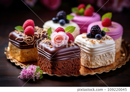 a photo of delectable petit cakes adorned with romantic decorations 109220045