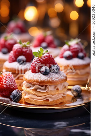 a photo of delectable petit cakes adorned with romantic decorations 109220046