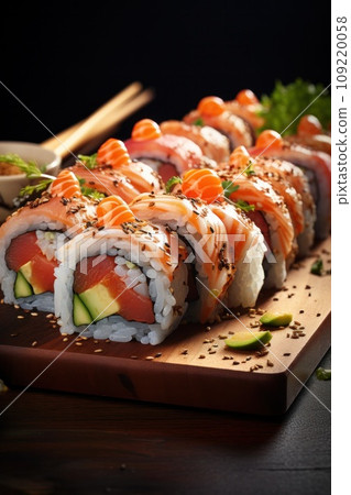 dish of sushi rolls beautifully arranged on a traditional Japanese wooden platter dish of sushi rolls beautifully arranged on a traditional Japanese wooden platter 109220058