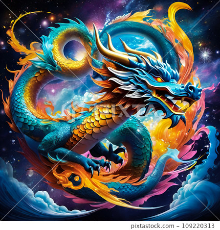 仙女般的龍在夜空中跳舞的插圖，背景是空間-插圖素材 [109220313] - PIXTA圖庫