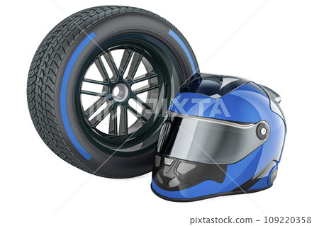 Racing Helmet with racing wheel Blue Wet, compound type tyre. 3D rendering 109220358