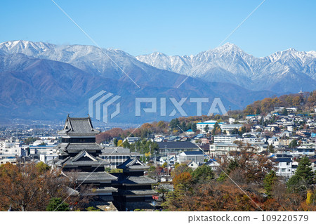 Matsumoto Castle in autumn leaves and the Northern Alps in snow, view from Matsumoto City Hall 109220579