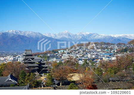 從松本市政廳看秋葉的松本城和雪中的北阿爾卑斯山 109220601