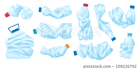 Crushed plastic bottles. Cartoon broken, crumpled empty water bottles, plastic trash bottles for recycling flat vector illustration set. Crumpled plastic containers 109220792