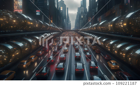 A large dystopian traffic jam in a city. A large dystopian traffic jam in a city. 109221187