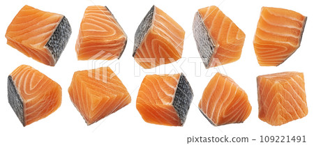 Salmon fillet cubes isolated on white background Salmon fillet cubes isolated on white background 109221491