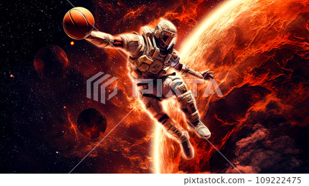 Dribbling on Mars surface, an astronaut showcases skill in a basketball game Dribbling on Mars surface, an astronaut showcases skill in a basketball game 109222475