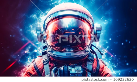 a lone astronaut hovers above a mysterious planet, 109222620