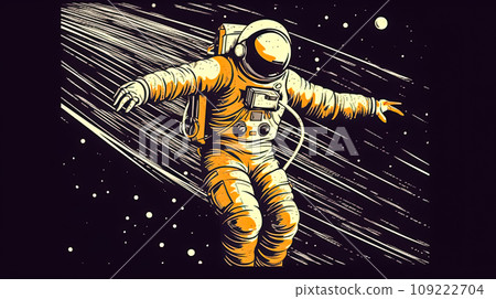 Lost in the cosmic embrace, an astronaut pirouettes on an uncharted plane 109222704