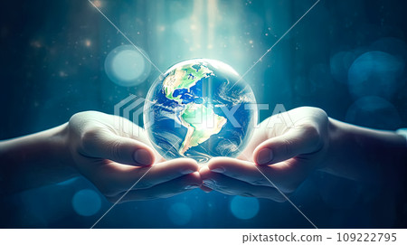 Power in our grasp, Man holds Earth 109222795