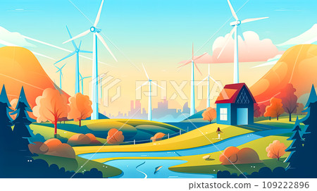 Green energy in action, Turbines turn amidst lush fields 109222896