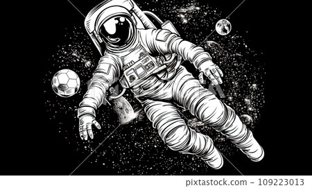 an astronaut displays agility, juggling a football a playful scene 109223013