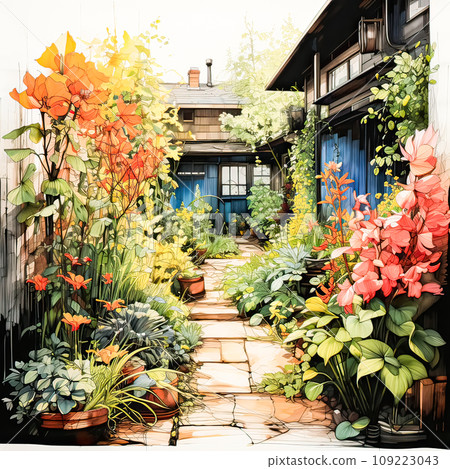 A charming house in a summer forest, surrounded by lush greenery 109223043